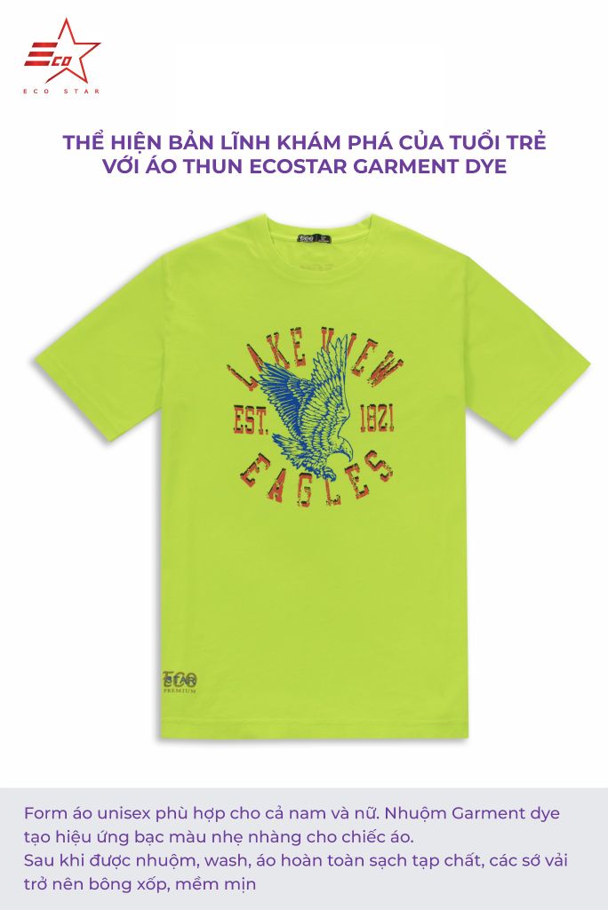 ECOSTAR, t-shirt garment dye , cổ tròn, Green,TM-010-M1-I0005