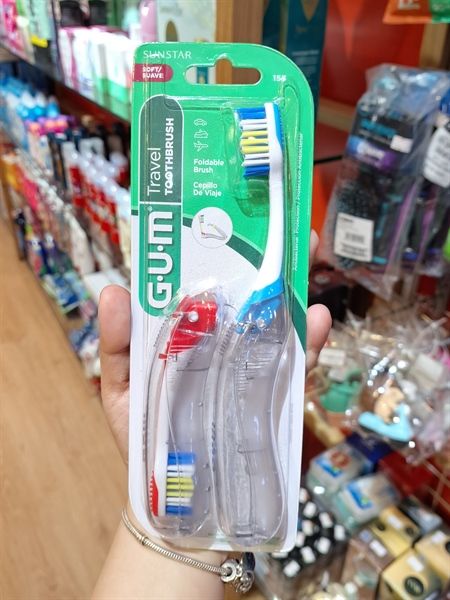 Set 2 bàn chải Gum Folding Travel Toothbrush Compact Head + Tongue Cleaner Soft Bristled Travel Toothbrushes