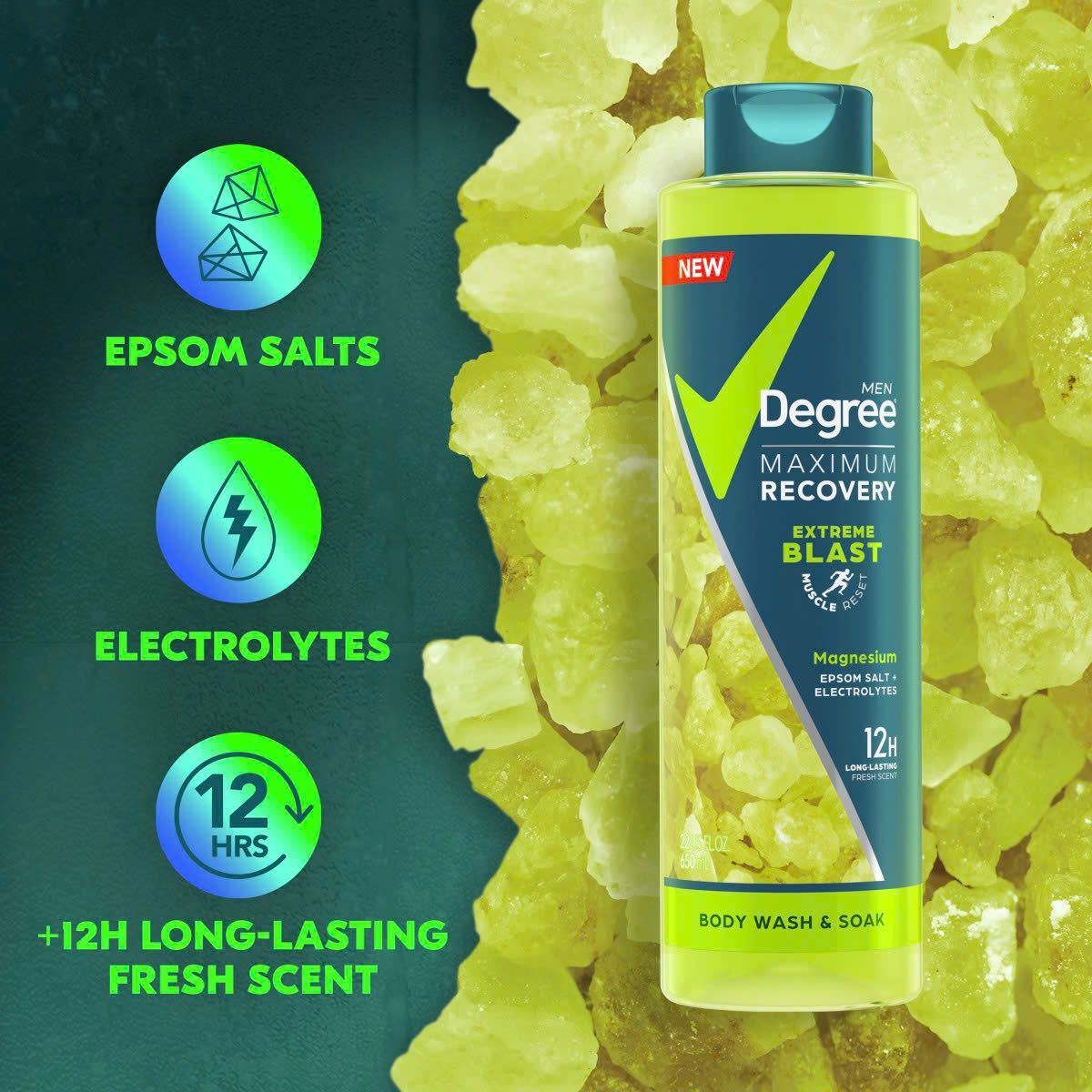 (SALET11) Sữa tắm và ngâm bồn cho nam Degree Maximum Recovery Extreme Blast Magnesium Epsom Body Wash Soak 22Oz 650ml