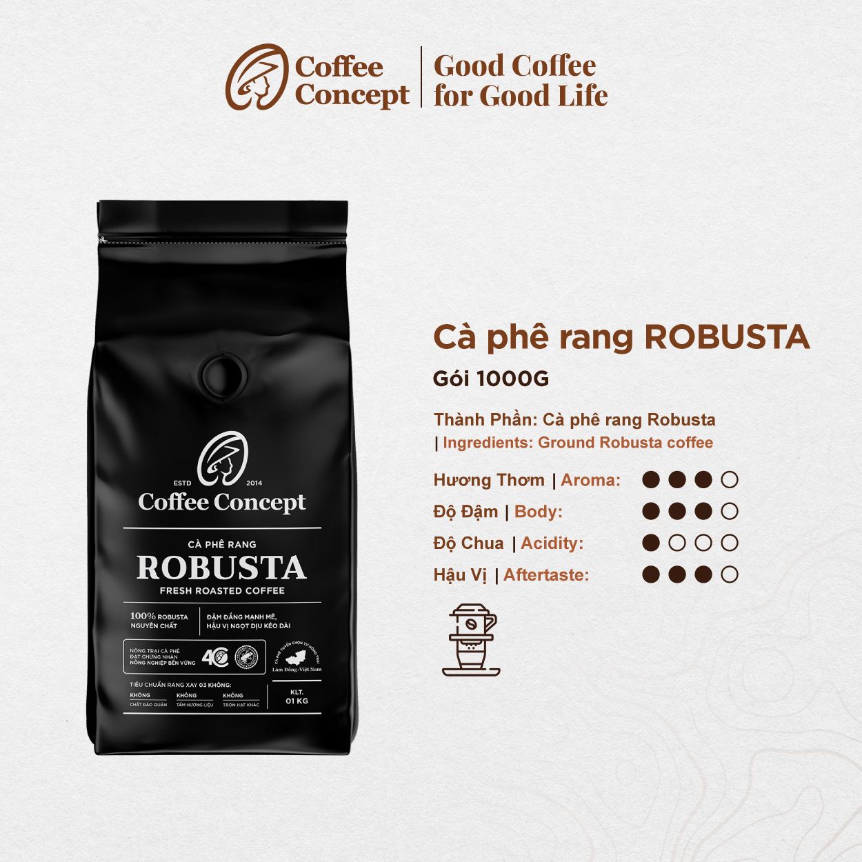 Cà phê rang ROBUSTA gói 1000G (dùng cho kinh doanh)