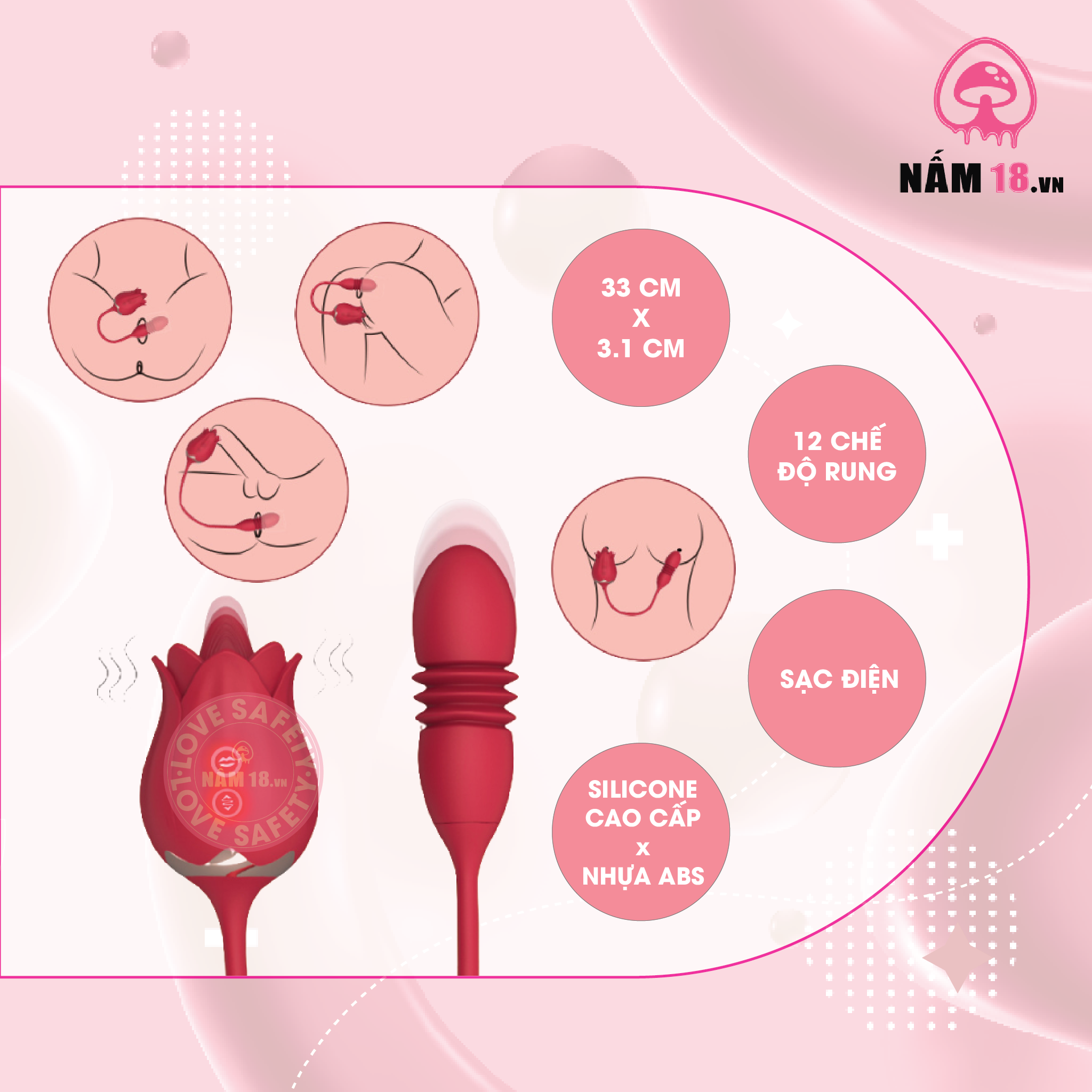 Trứng Rung Lưỡi Liếm Hình Bông Hồng Rung Thụt 10 Chế Độ