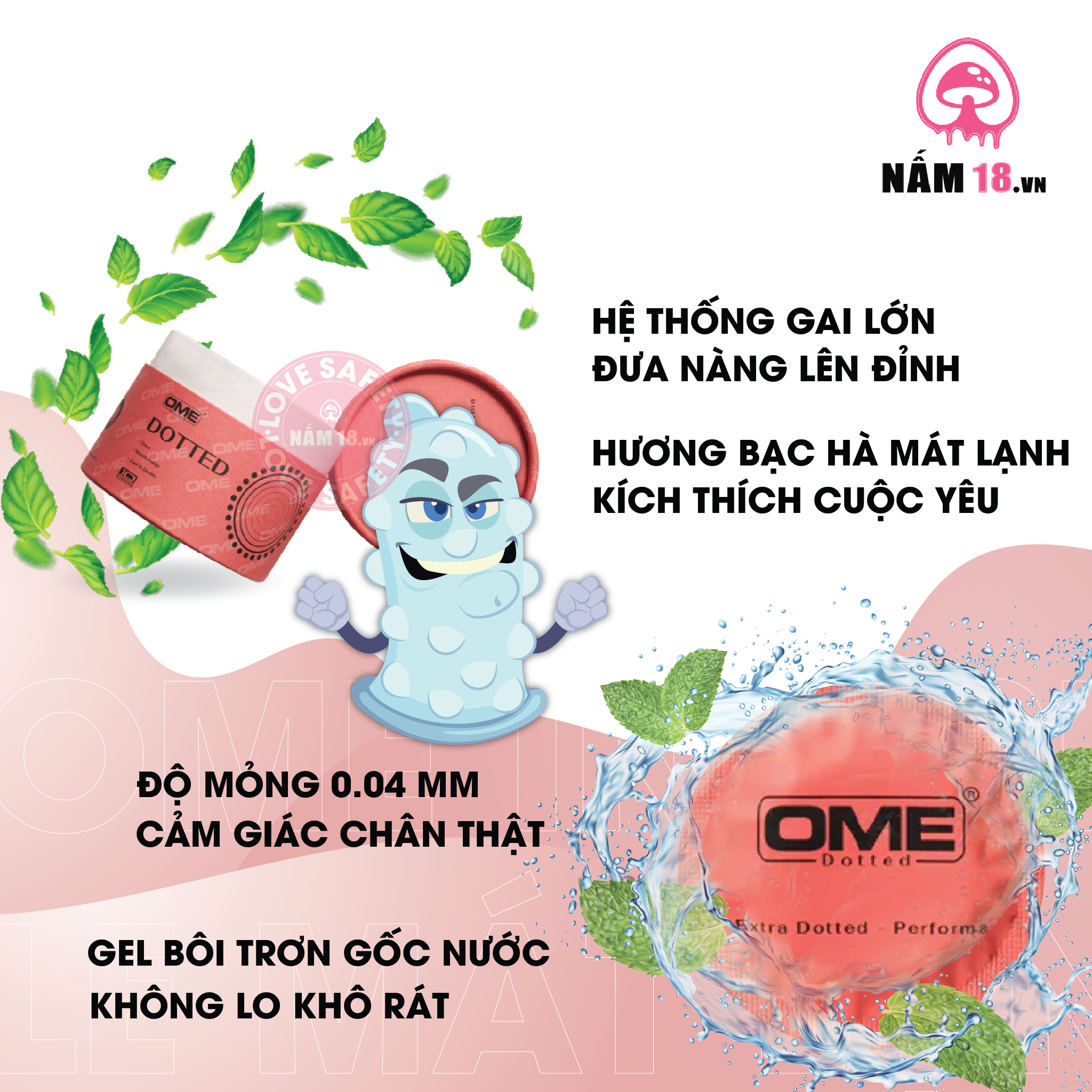 Bao Cao Su Gai Lớn Ome Dotted Hương Bạc Hà - Hộp 10 Cái
