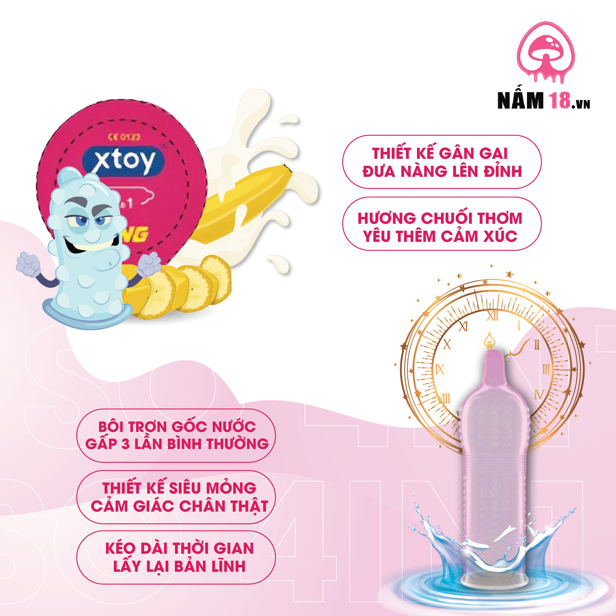 Bao Cao Su Kéo Dài Thời Gian Xtoy King 5in1 Hương Chuối - Hộp 10 Cái