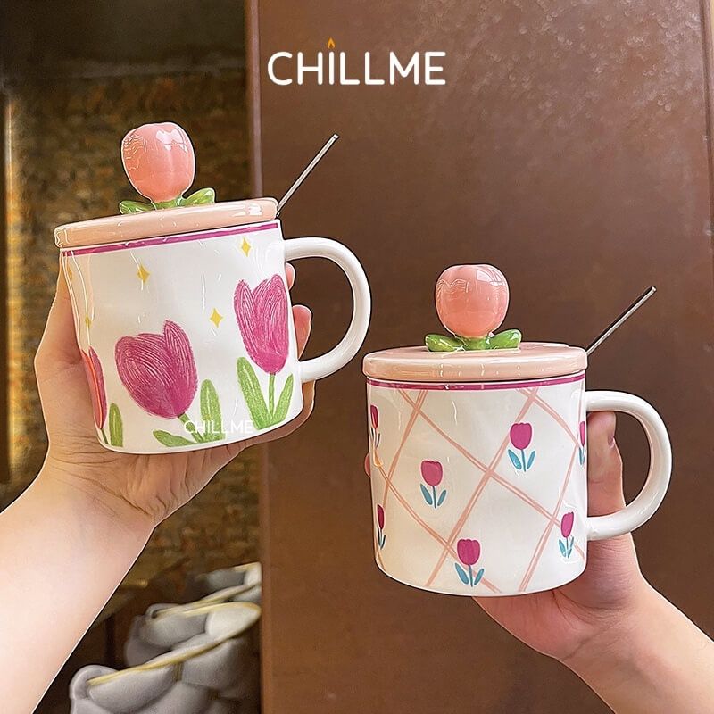 Ly sứ uống nước hoa tulip Chillme dễ thương độc đáo cốc sứ có nắp đậy uống cafe kèm thìa
