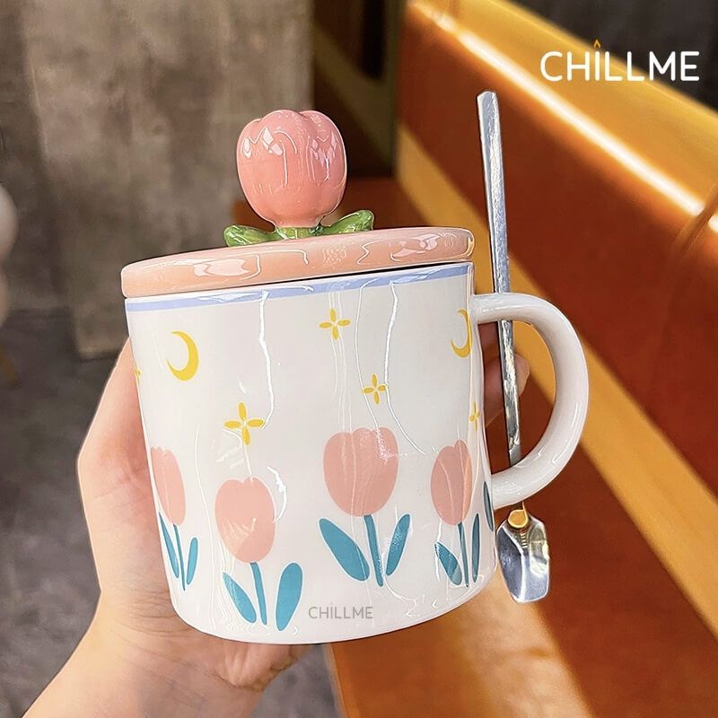 Ly sứ uống nước hoa tulip Chillme dễ thương độc đáo cốc sứ có nắp đậy uống cafe kèm thìa