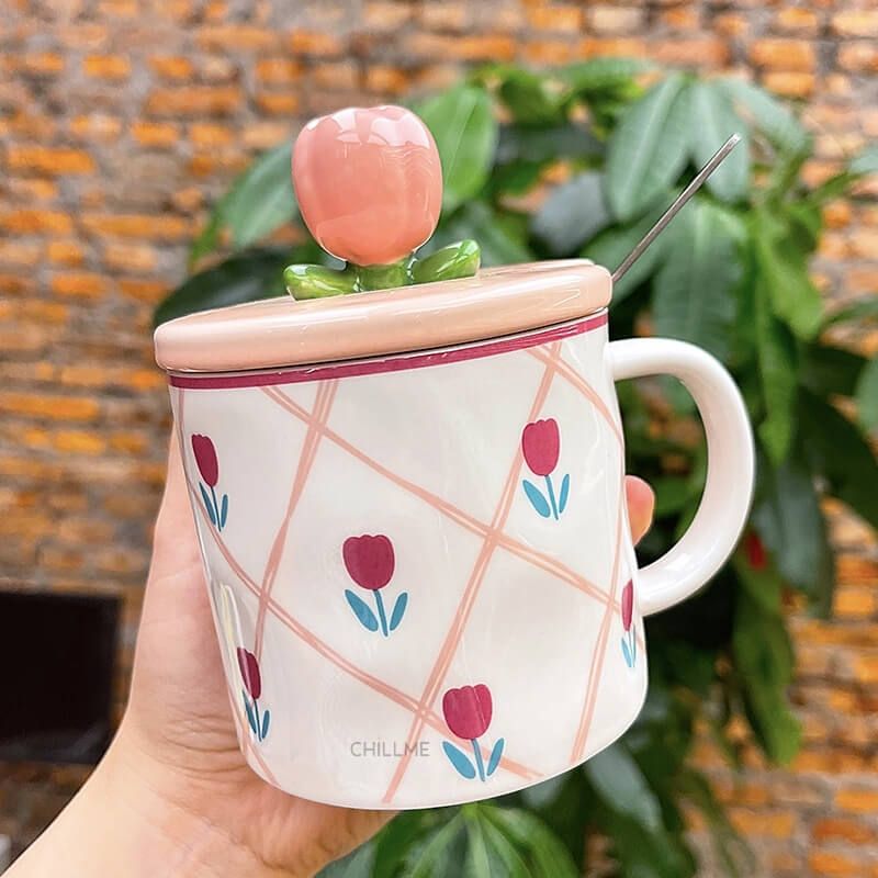 Ly sứ uống nước hoa tulip Chillme dễ thương độc đáo cốc sứ có nắp đậy uống cafe kèm thìa
