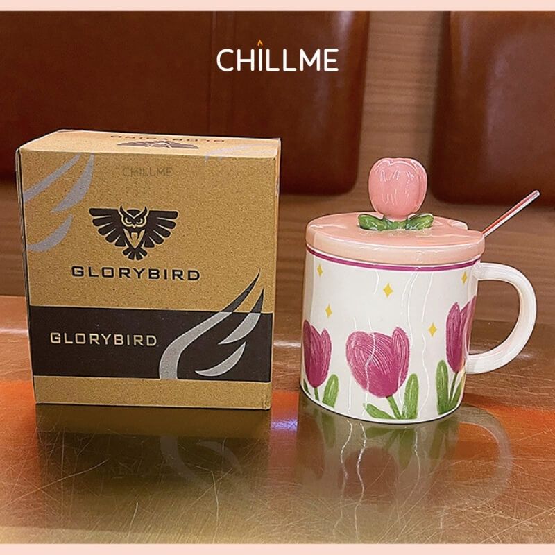 Ly sứ uống nước hoa tulip Chillme dễ thương độc đáo cốc sứ có nắp đậy uống cafe kèm thìa