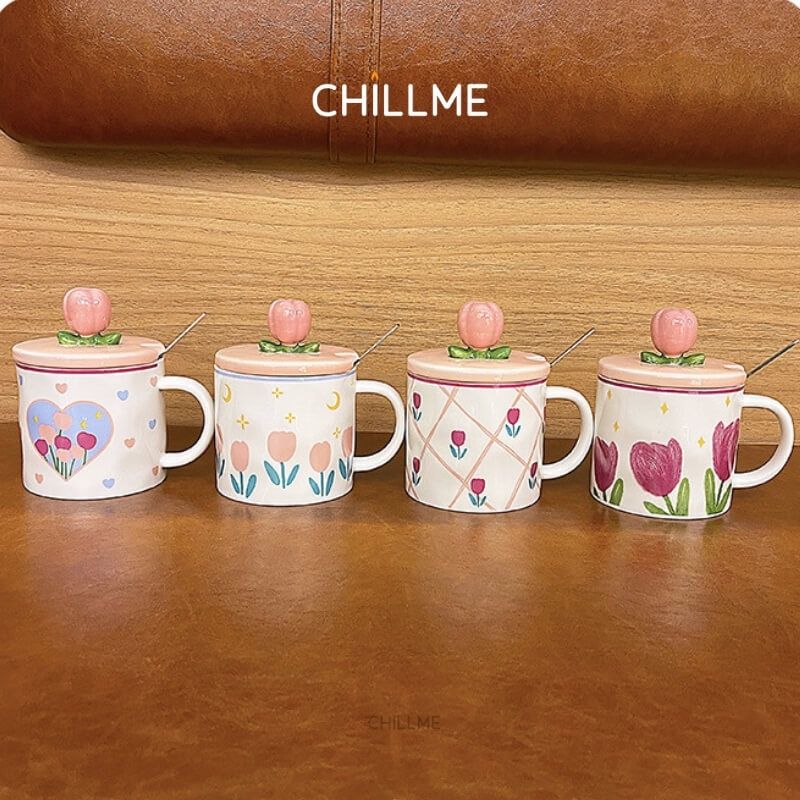 Ly sứ uống nước hoa tulip Chillme dễ thương độc đáo cốc sứ có nắp đậy uống cafe kèm thìa