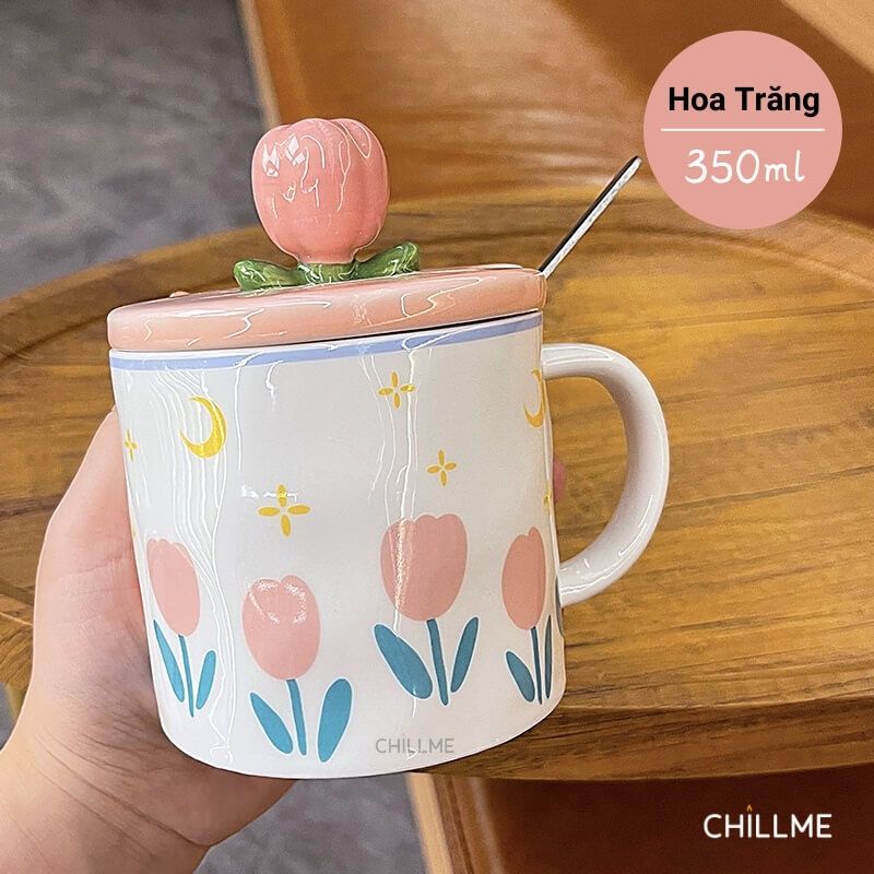 Ly sứ uống nước hoa tulip Chillme dễ thương độc đáo cốc sứ có nắp đậy uống cafe kèm thìa