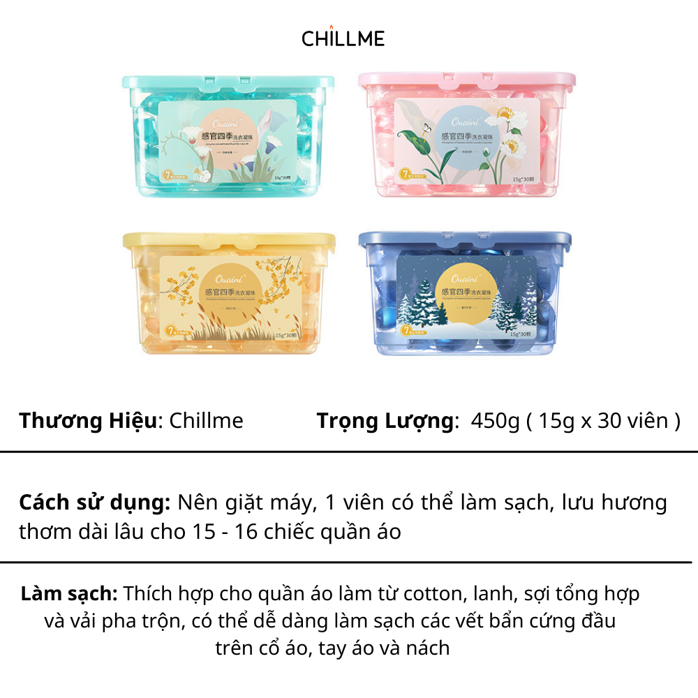 Viên giặt xả quần áo Chillme 4 trong 1 hương nước hoa khử khuẩn và Làm mềm vải thơm mát ( hộp 30 viên )