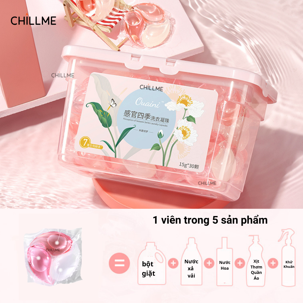 Viên giặt xả quần áo Chillme 4 trong 1 hương nước hoa khử khuẩn và Làm mềm vải thơm mát ( hộp 30 viên )