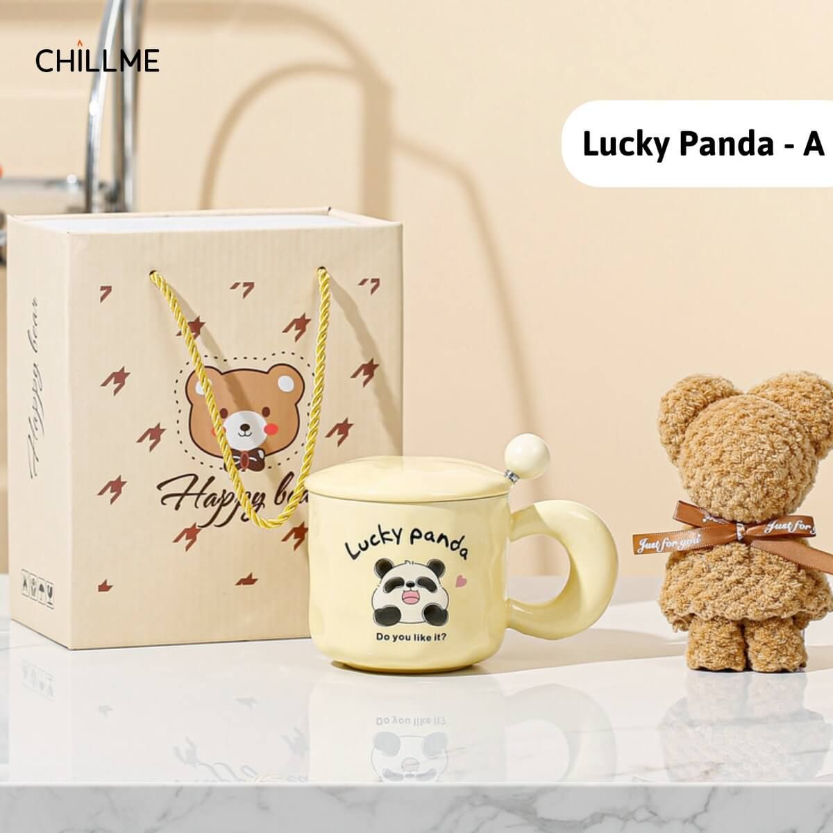 Set hộp quà cốc sứ Lucky Panda , hộp quà tặng kèm gấu thìa tặng người yêu, bạn thân dễ thương - LSLP01