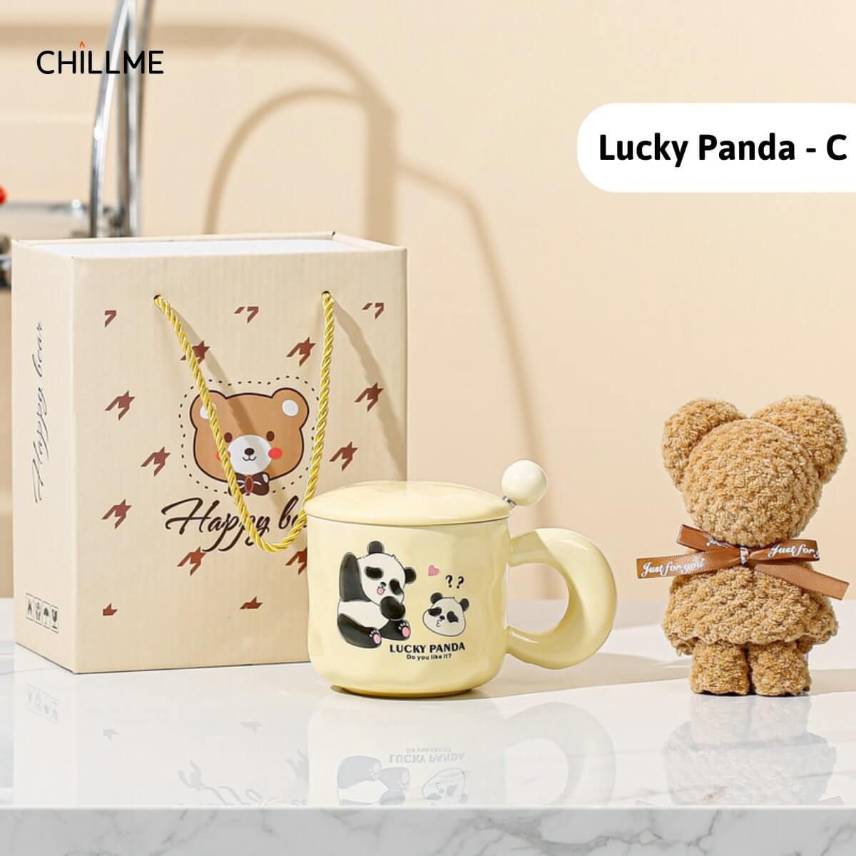 Set hộp quà cốc sứ Lucky Panda , hộp quà tặng kèm gấu thìa tặng người yêu, bạn thân dễ thương - LSLP01