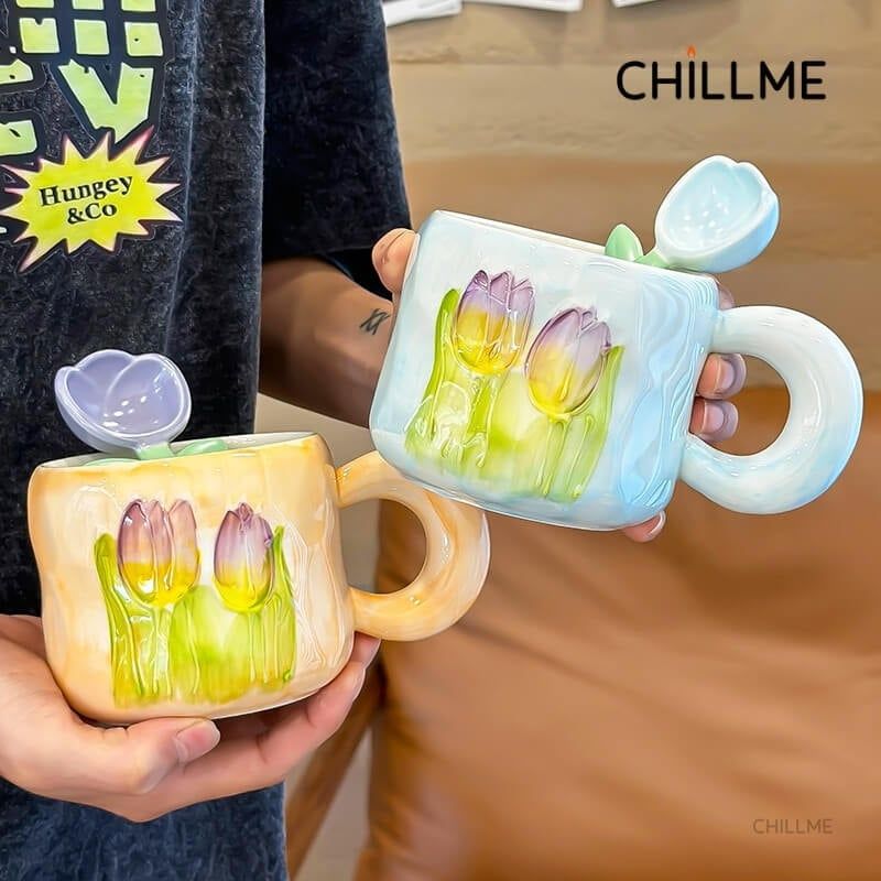 Cốc sứ uống nước hình bông hoa tulip Chillme quà tặng kèm thìa bông hoa trang trí dễ thương