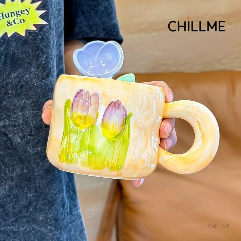 Cốc sứ uống nước hình bông hoa tulip Chillme quà tặng kèm thìa bông hoa trang trí dễ thương