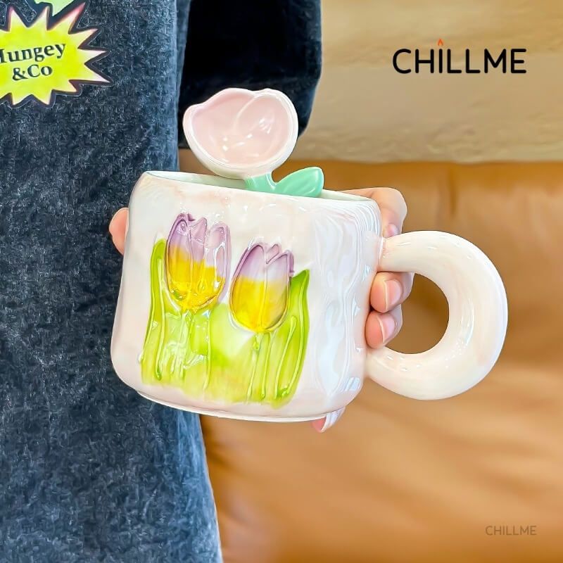 Cốc sứ uống nước hình bông hoa tulip Chillme quà tặng kèm thìa bông hoa trang trí dễ thương