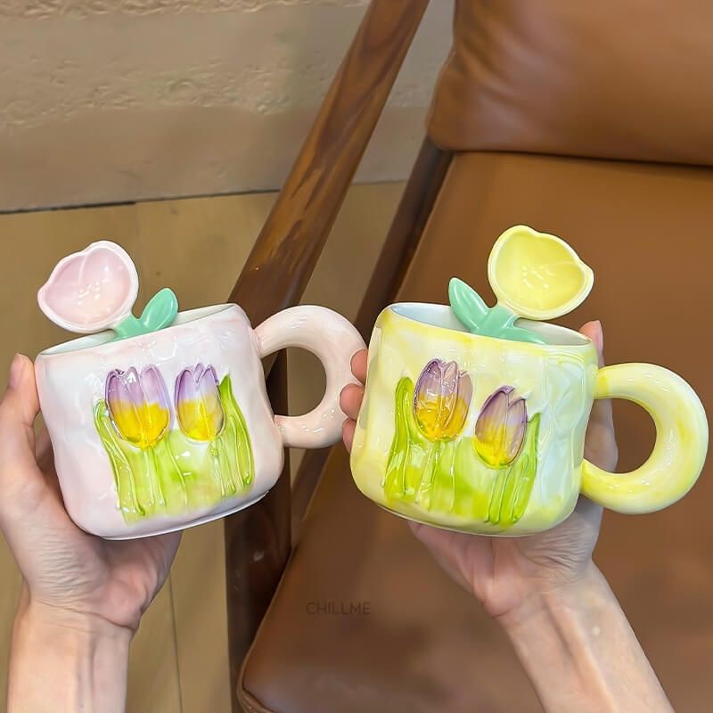 Cốc sứ uống nước hình bông hoa tulip Chillme quà tặng kèm thìa bông hoa trang trí dễ thương