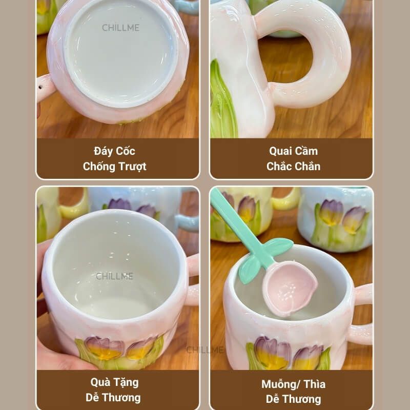 Cốc sứ uống nước hình bông hoa tulip Chillme quà tặng kèm thìa bông hoa trang trí dễ thương