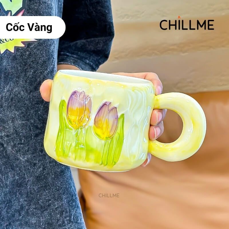 Cốc sứ uống nước hình bông hoa tulip Chillme quà tặng kèm thìa bông hoa trang trí dễ thương