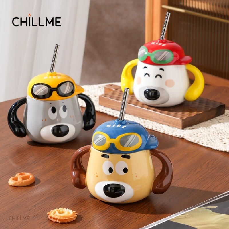 Cốc uống nước chú chó đội mũ dễ thương bằng sứ có nắp đậy kèm ống hút nhôm phù hợp quà tặng