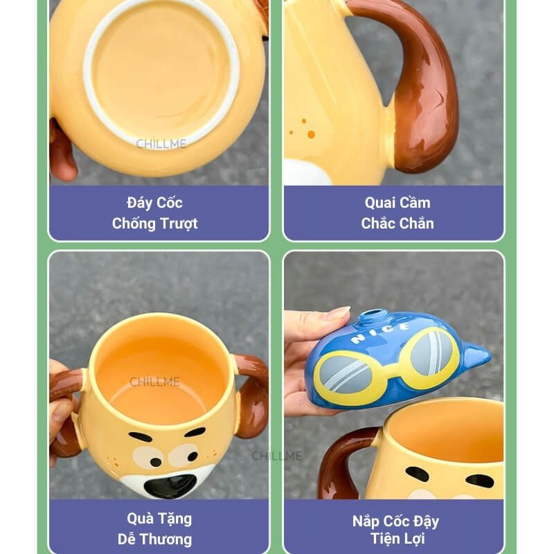 Cốc uống nước chú chó đội mũ dễ thương bằng sứ có nắp đậy kèm ống hút nhôm phù hợp quà tặng