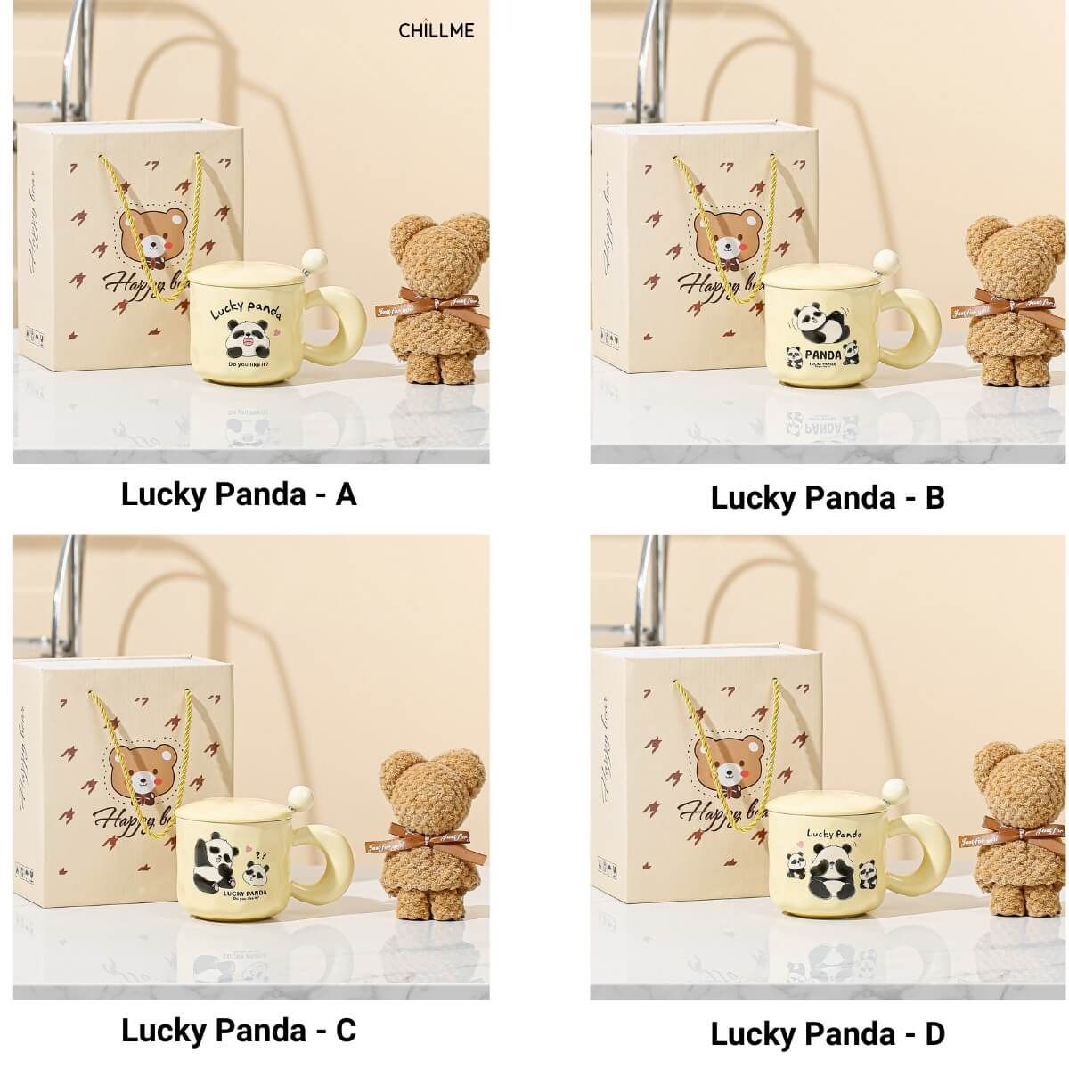 Set hộp quà cốc sứ Lucky Panda , hộp quà tặng kèm gấu thìa tặng người yêu, bạn thân dễ thương - LSLP01