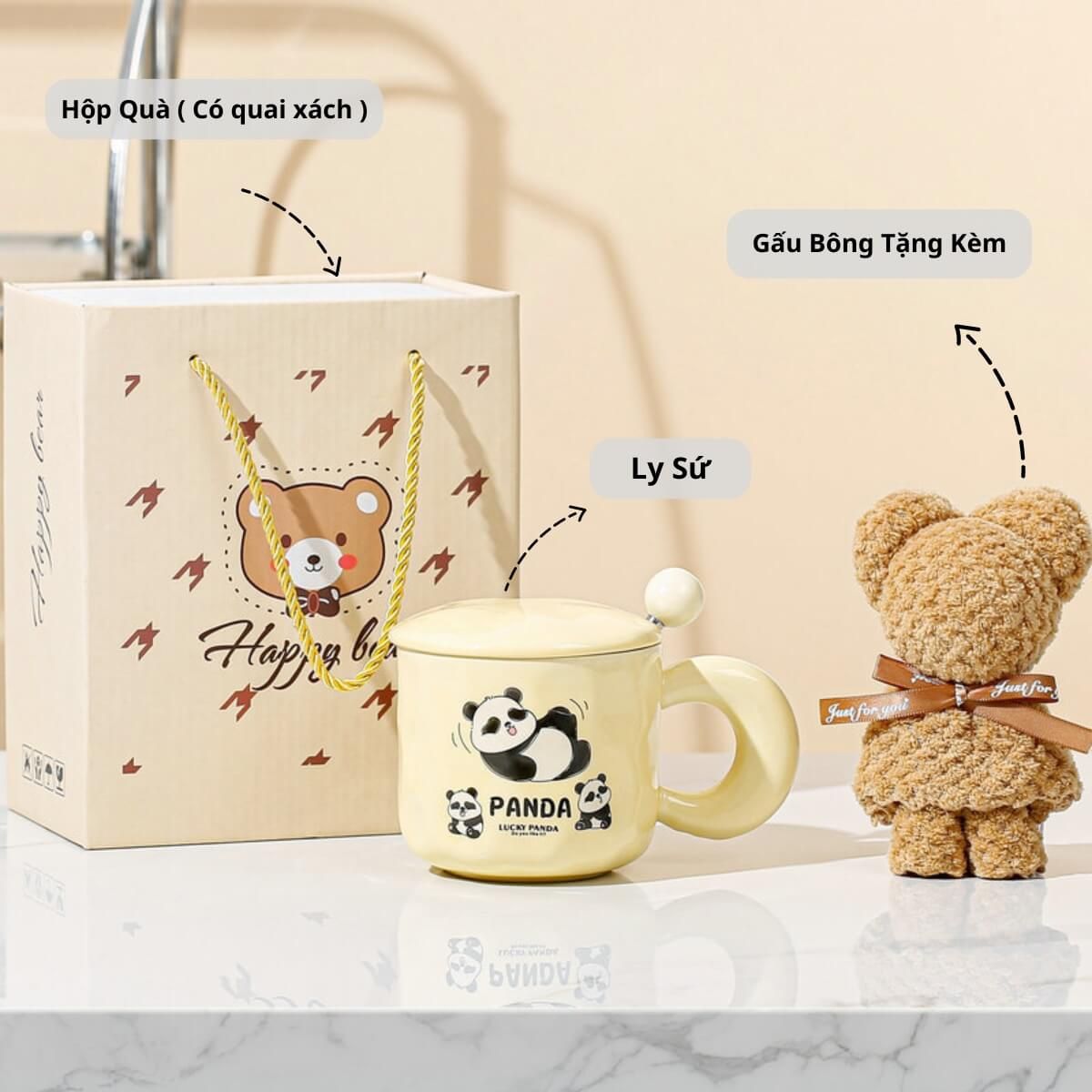 Set hộp quà cốc sứ Lucky Panda , hộp quà tặng kèm gấu thìa tặng người yêu, bạn thân dễ thương - LSLP01