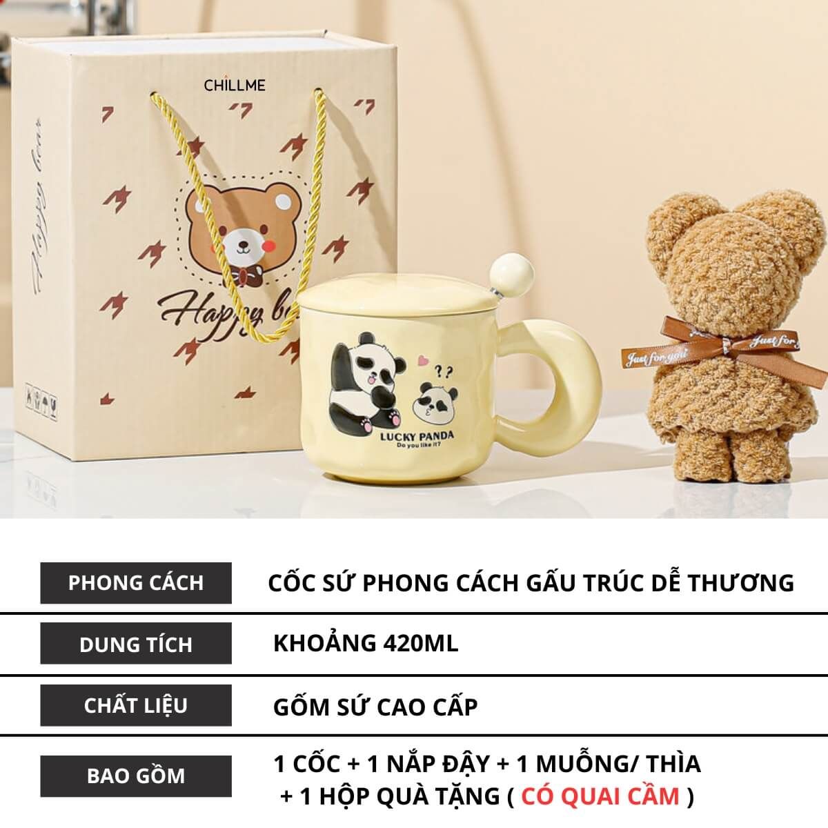 Set hộp quà cốc sứ Lucky Panda , hộp quà tặng kèm gấu thìa tặng người yêu, bạn thân dễ thương - LSLP01