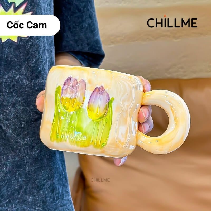 Cốc sứ uống nước hình bông hoa tulip Chillme quà tặng kèm thìa bông hoa trang trí dễ thương