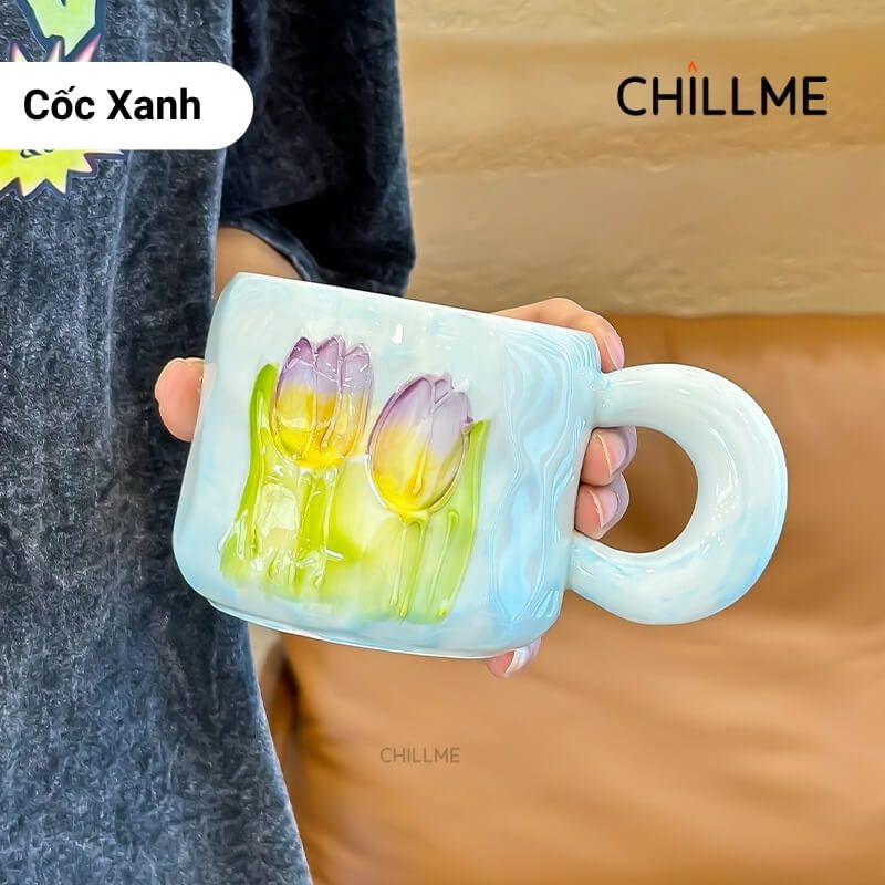 Cốc sứ uống nước hình bông hoa tulip Chillme quà tặng kèm thìa bông hoa trang trí dễ thương