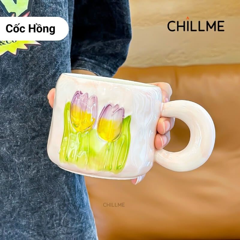 Cốc sứ uống nước hình bông hoa tulip Chillme quà tặng kèm thìa bông hoa trang trí dễ thương