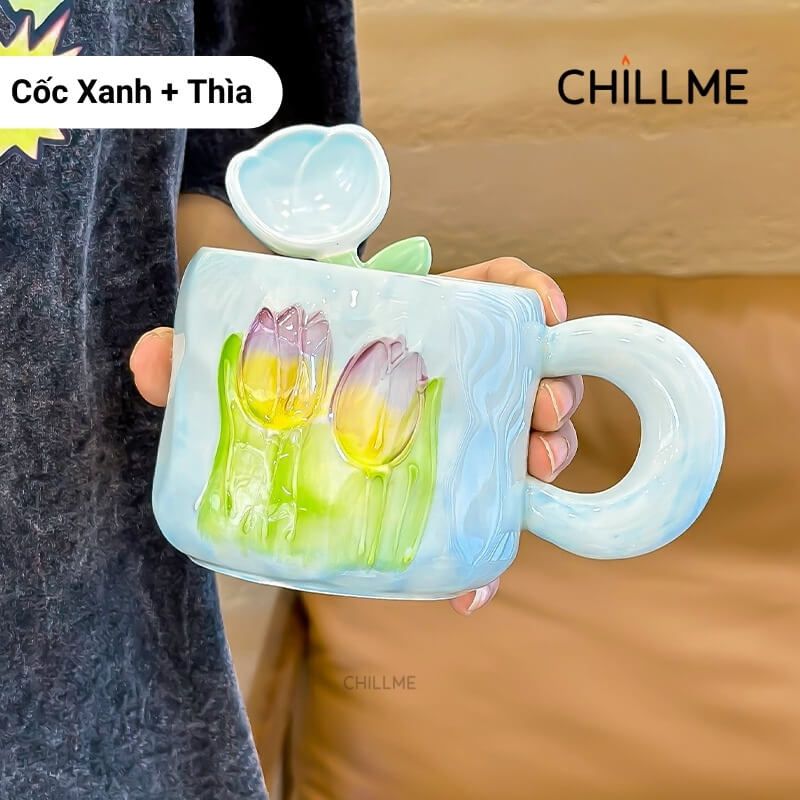 Cốc sứ uống nước hình bông hoa tulip Chillme quà tặng kèm thìa bông hoa trang trí dễ thương
