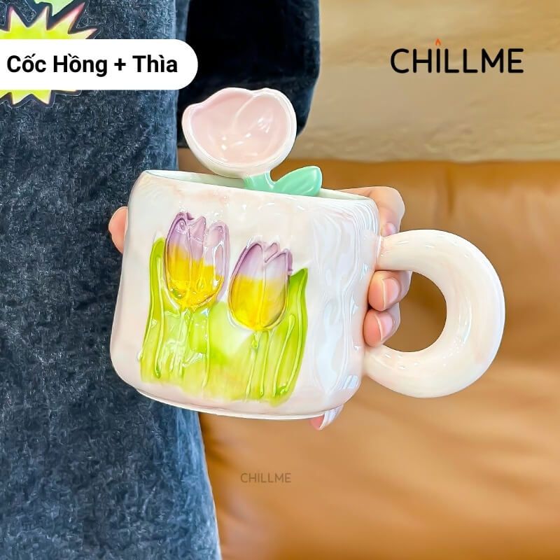 Cốc sứ uống nước hình bông hoa tulip Chillme quà tặng kèm thìa bông hoa trang trí dễ thương