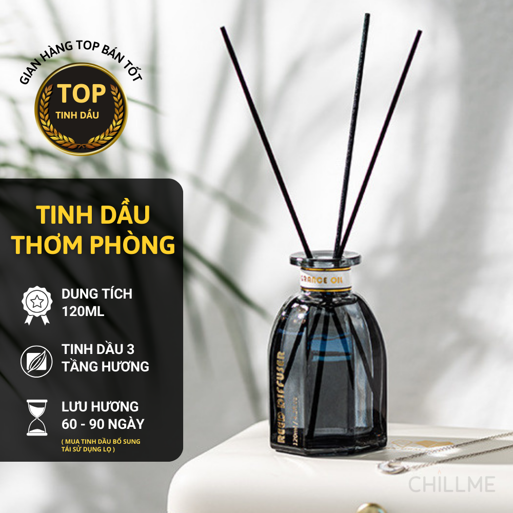 Tinh dầu thơm phòng thiên nhiên Chillme que gỗ khuếch tán hương cao cấp thư giãn sang trọng 120ml