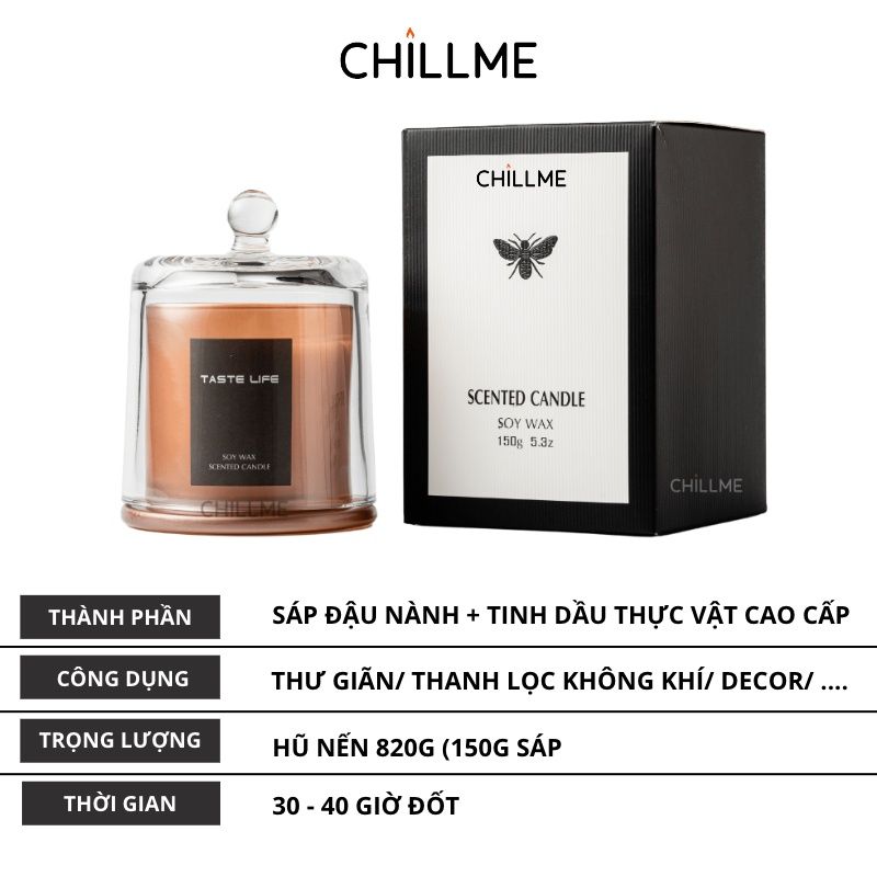 Nến thơm nắp chuông Chillme hương dễ chịu thanh nhẹ 150g - White Tea & Ginger Flower