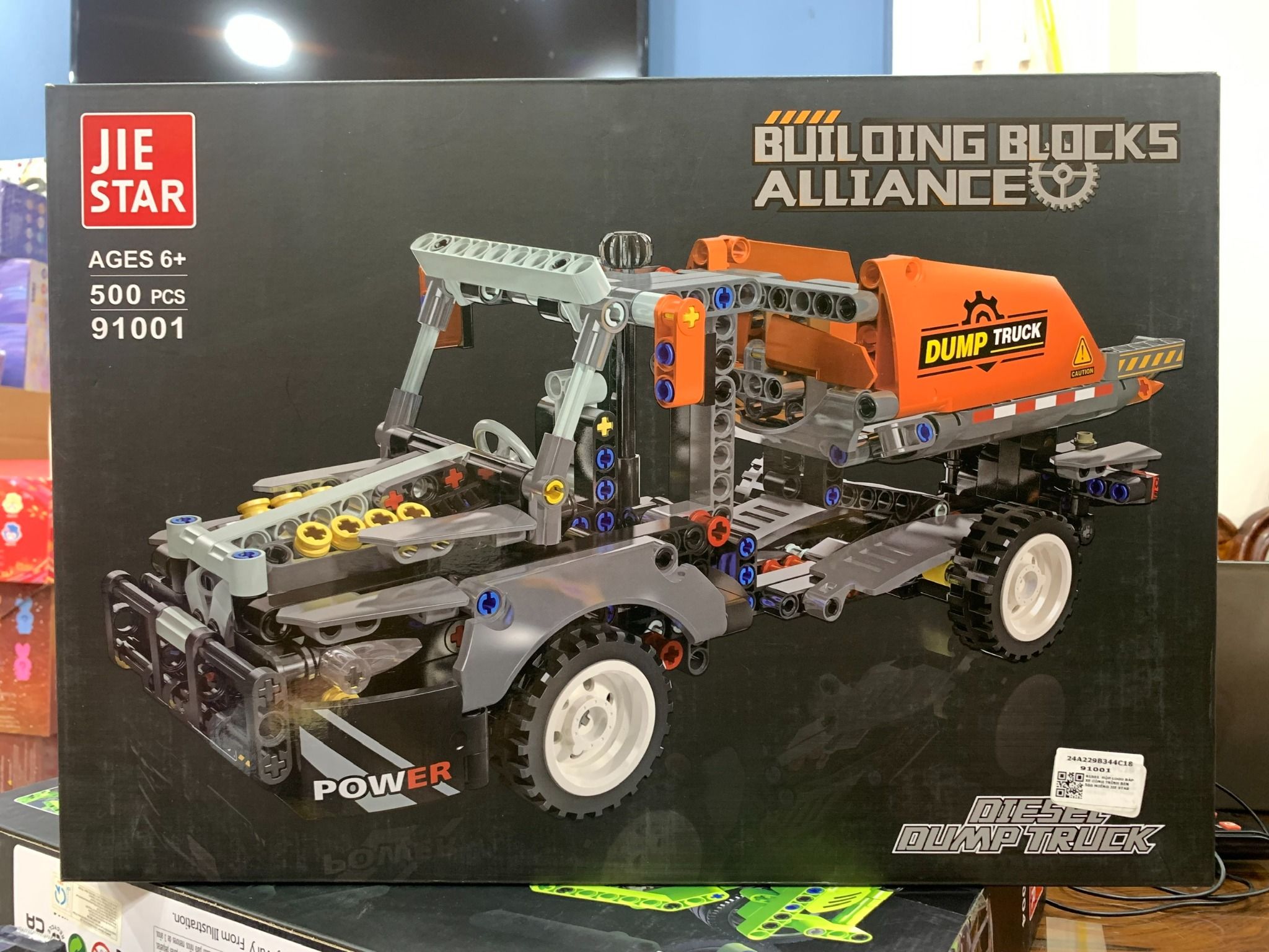 Đồ chơi lắp ráp : mô hình xếp khối Xe công trình ben (Dump truck) 500 chi tiết, thương hiệu JIE STAR 6+ages, No. 91001