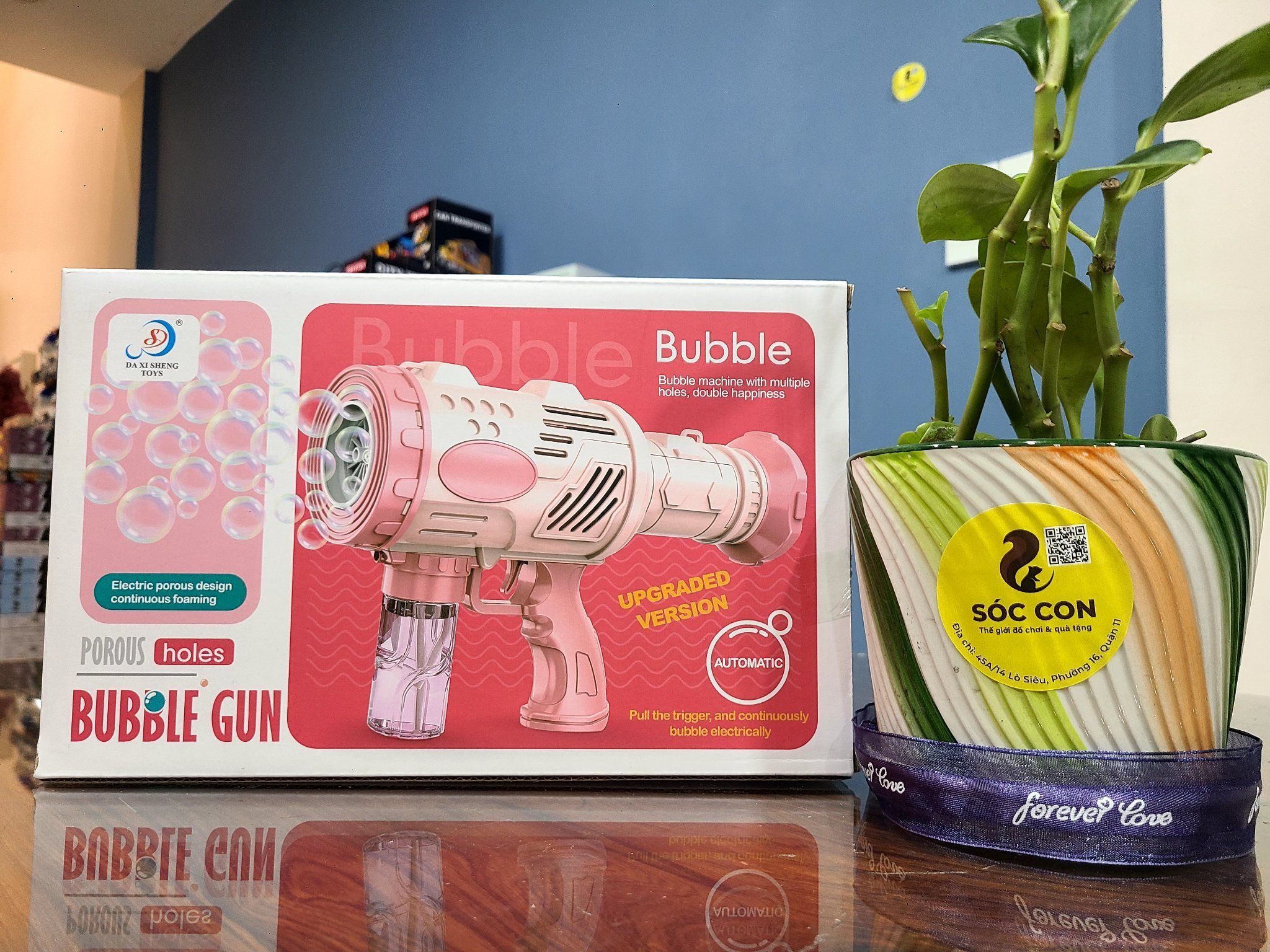 Đồ chơi vận động: máy bắn bong bóng nhiều tia (Bubble machine with multiple holes, double happiness), Model 6807A