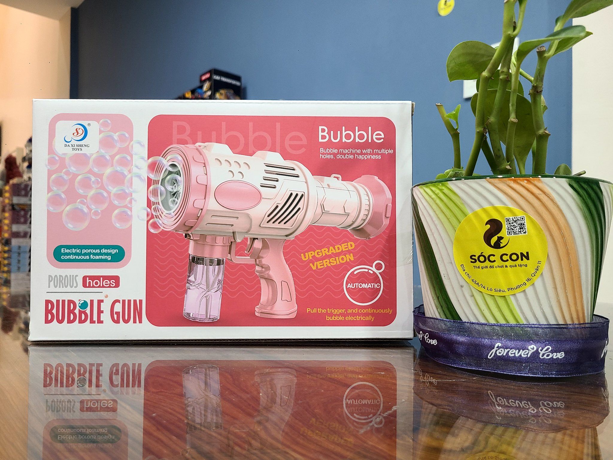 Đồ chơi vận động: máy bắn bong bóng nhiều tia (Bubble machine with multiple holes, double happiness), Model 6807A