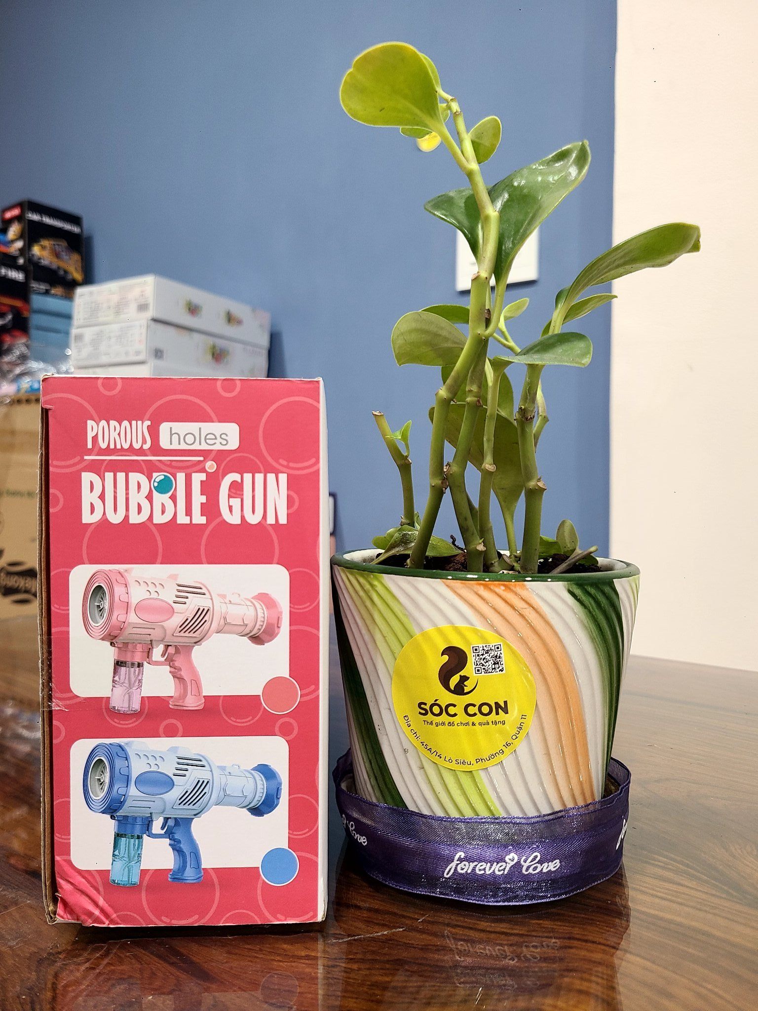 Đồ chơi vận động: máy bắn bong bóng nhiều tia (Bubble machine with multiple holes, double happiness), Model 6807A