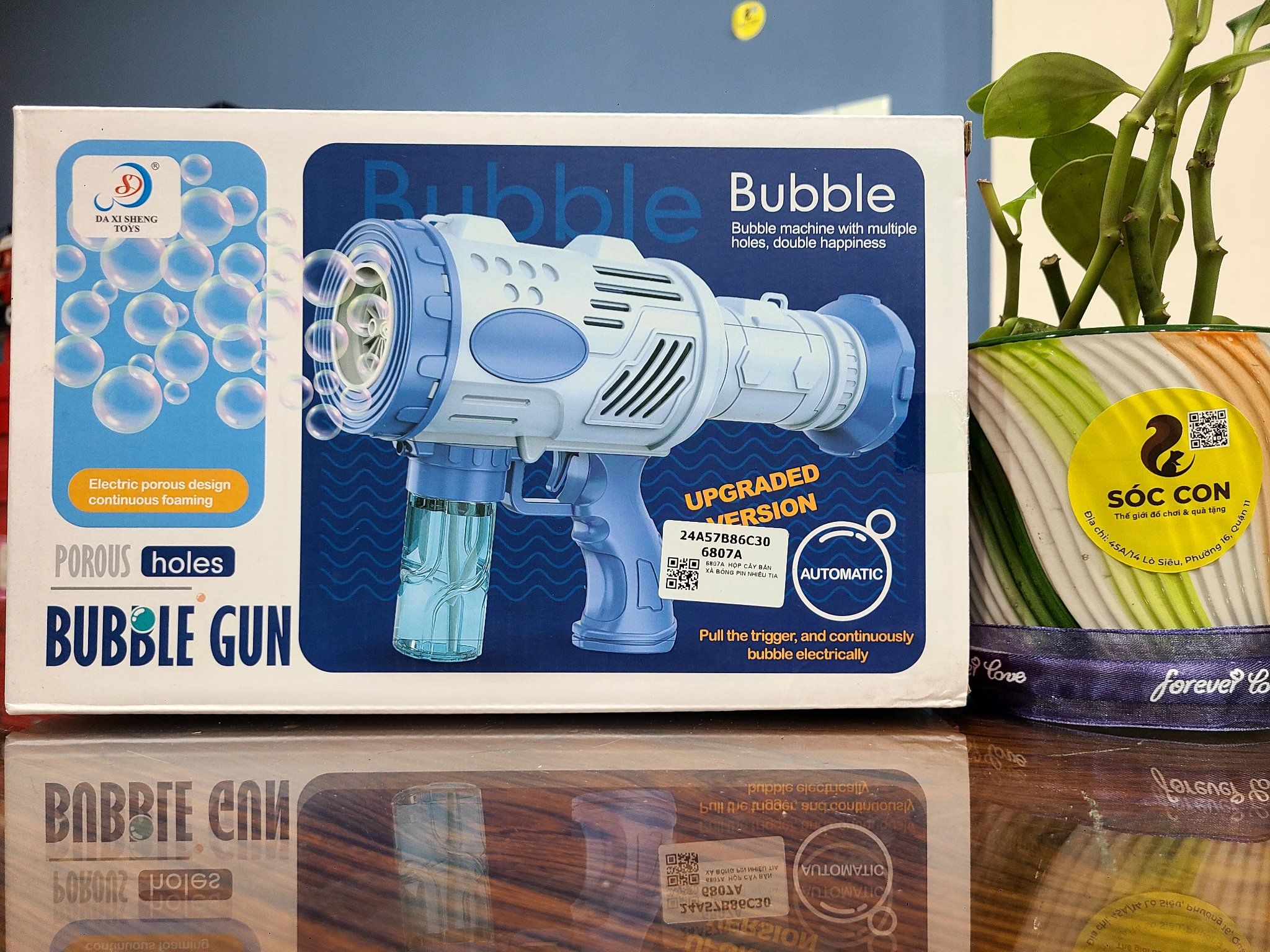 Đồ chơi vận động: máy bắn bong bóng nhiều tia (Bubble machine with multiple holes, double happiness), Model 6807A