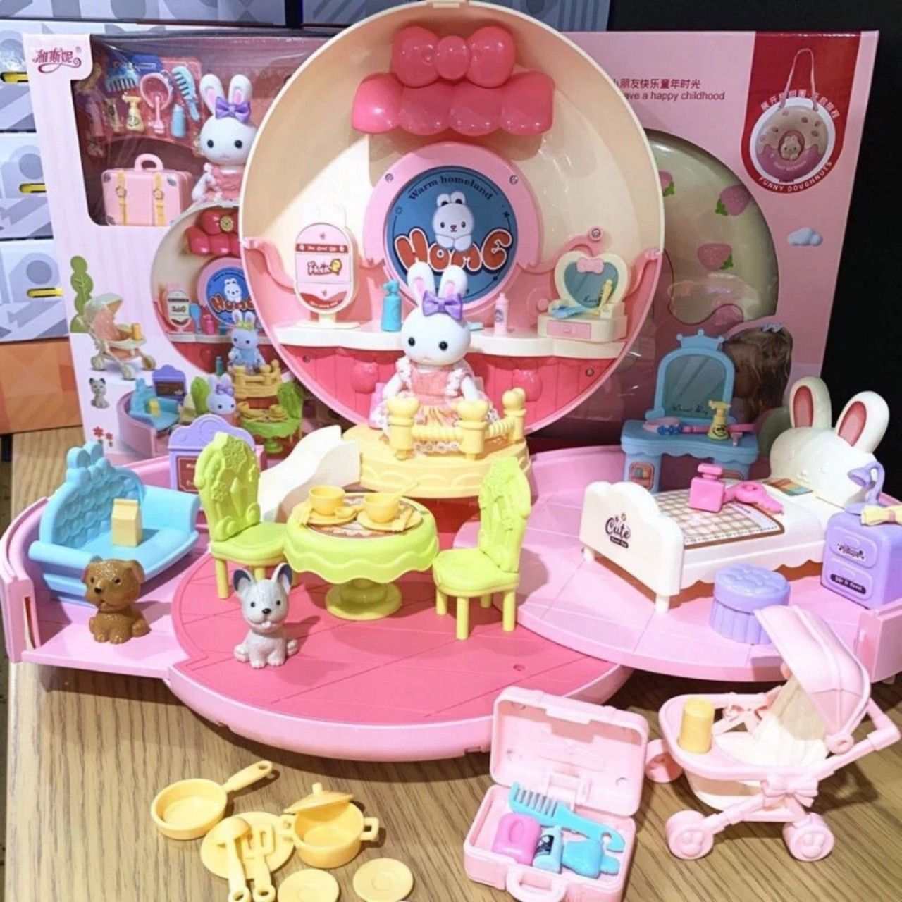 SOCCON toys _ Đồ chơi nhập vai: Balo donut ngôi nhà thỏ bánh vòng hồng 5Ages+ No. 6695