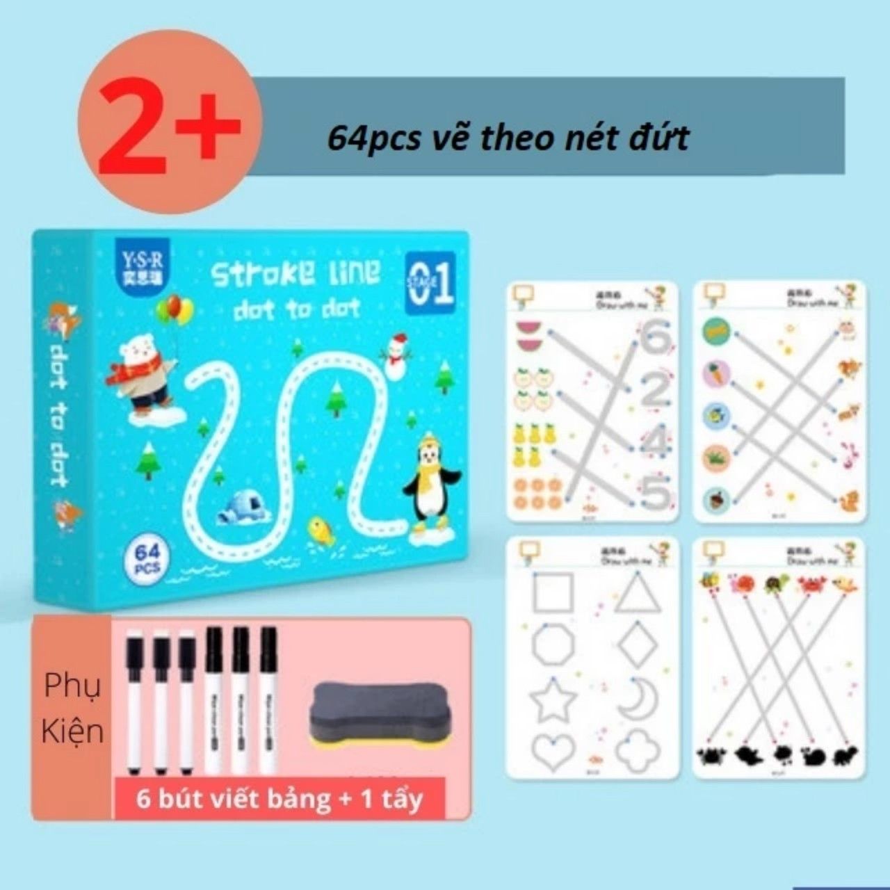 Đồ chơi giáo dục _ bộ sách tập vẽ cho bé (có thể xóa được) Stroke line dot to dot 64pcs 2Ages+ No. 555-2