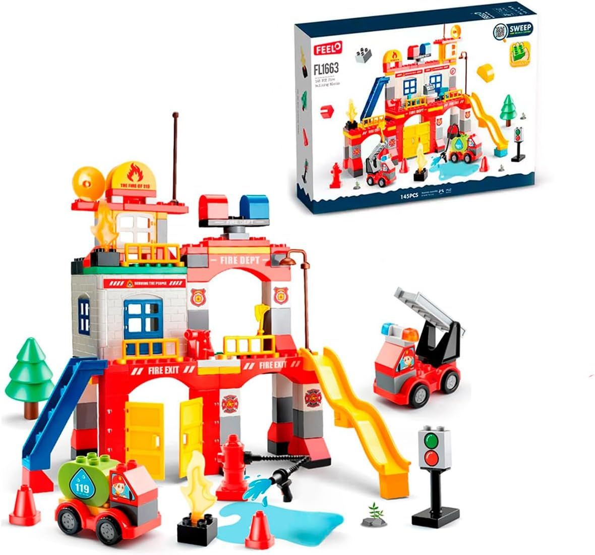Đồ chơi lego: bộ lắp ghép xếp khối Trạm cứu hỏa, 146pcs 6ages+, Model FL1663. FEELO brand