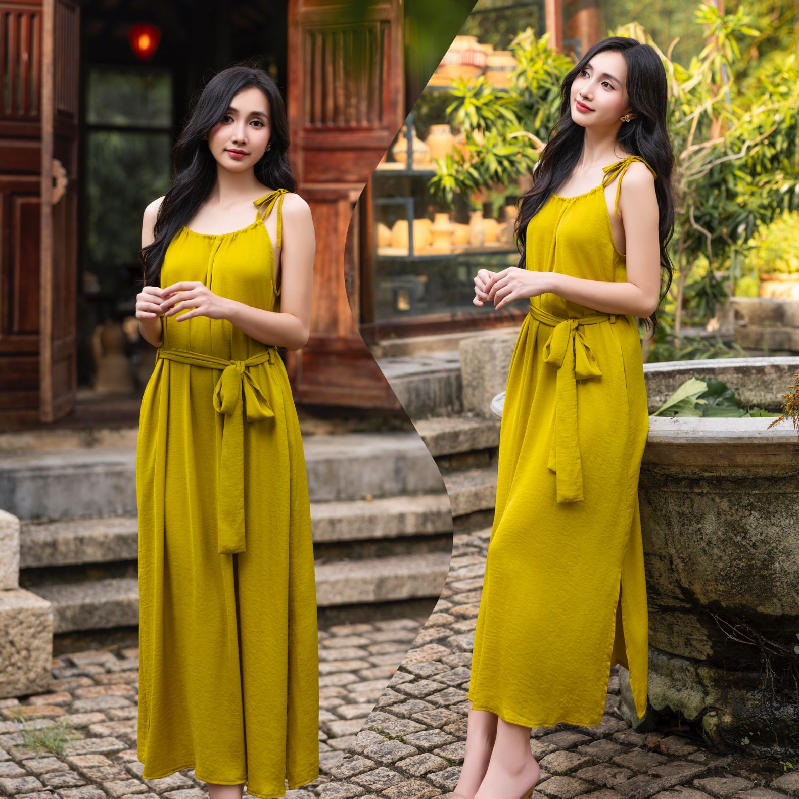 Đầm lụa suông cổ yếm kèm dây buộc eo
