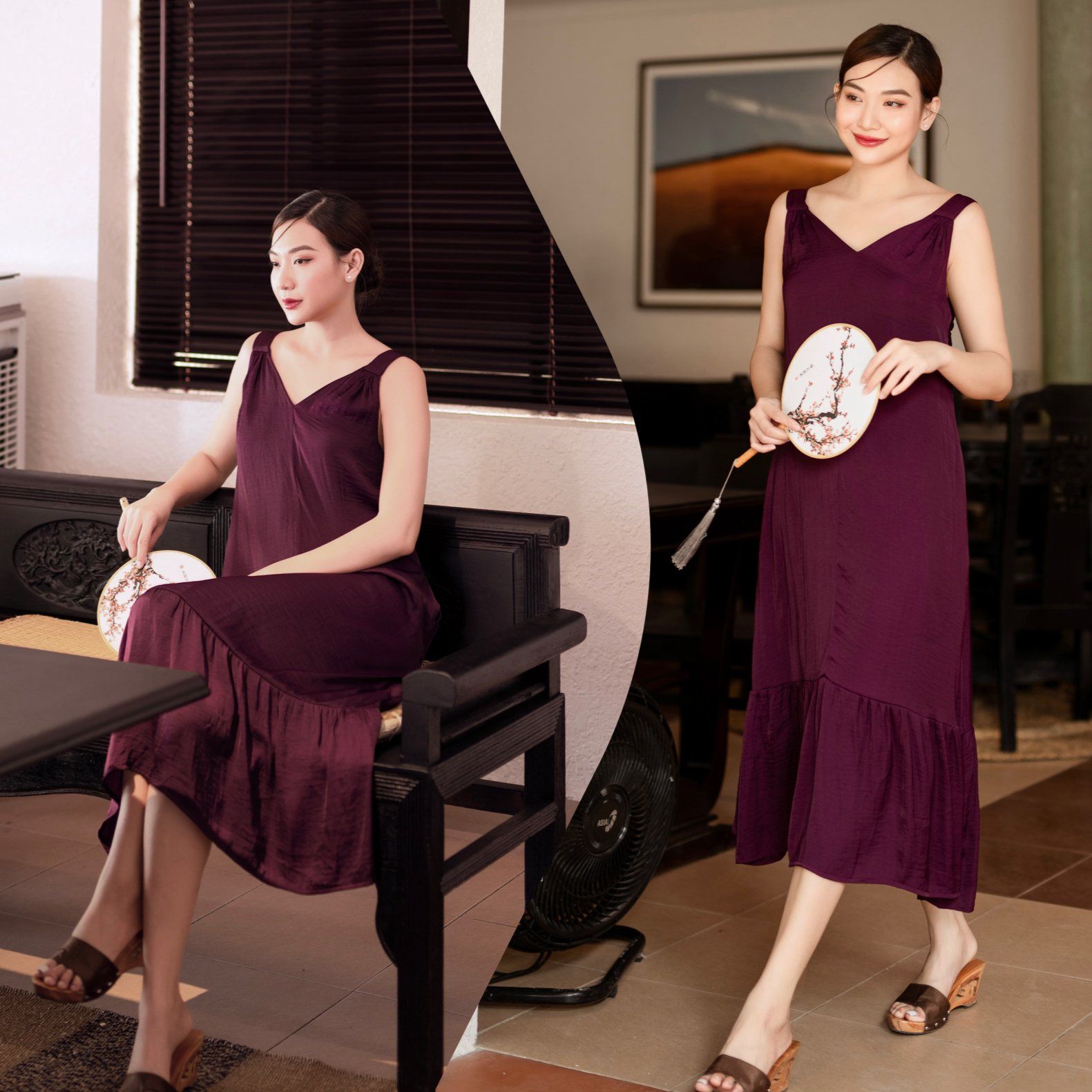 Đầm midi lụa đuôi cá dáng suông nơ lưng cách điệu Infashion