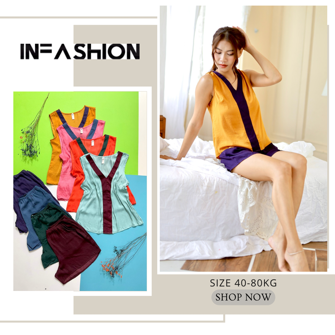 Bộ lụa đùi phối nẹp mặc nhà không tay Infashion