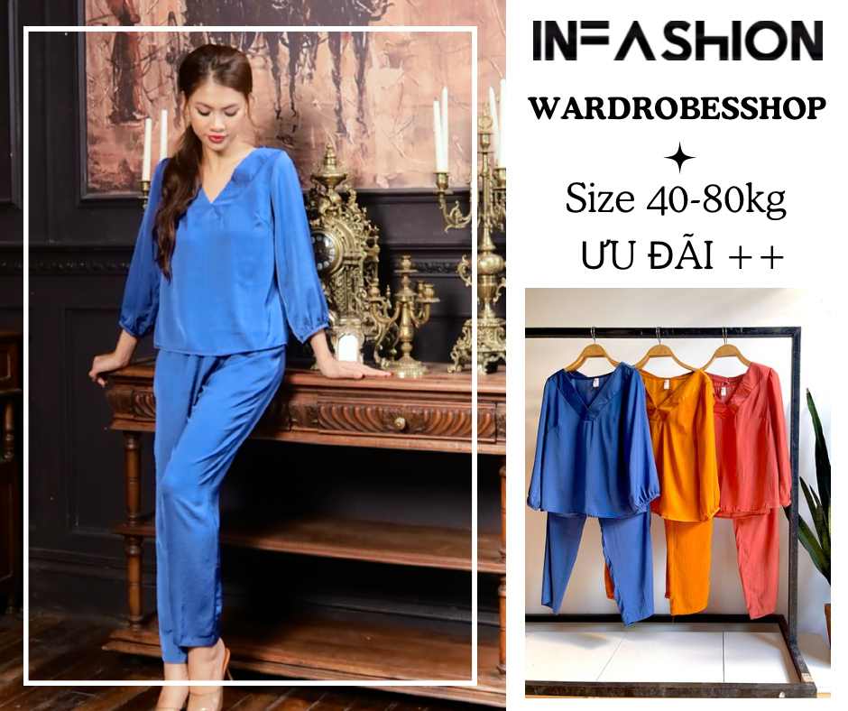 Đồ bộ dài lụa cổ V tay dài Infashion