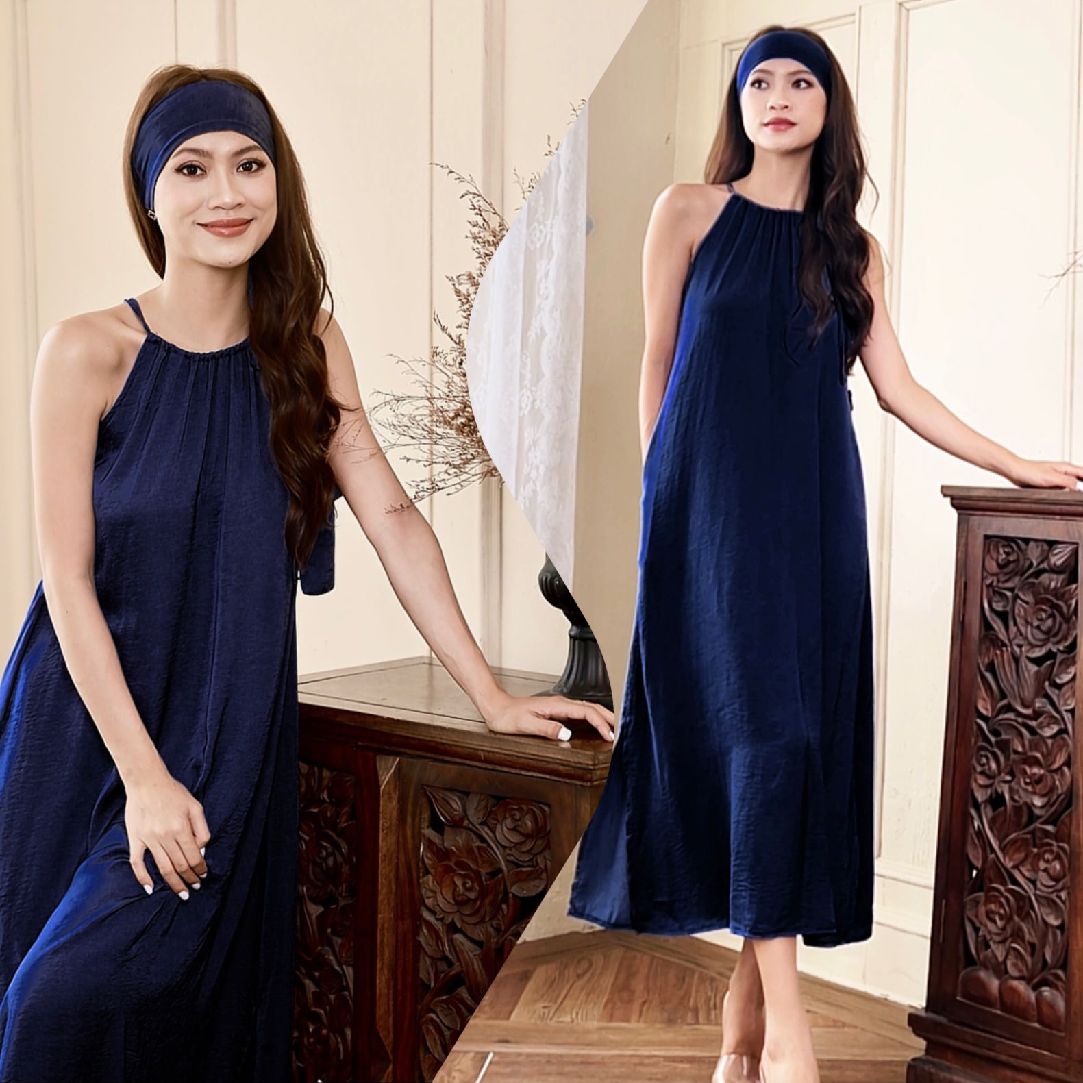 Đầm lụa suông cổ yếm kèm dây buộc eo