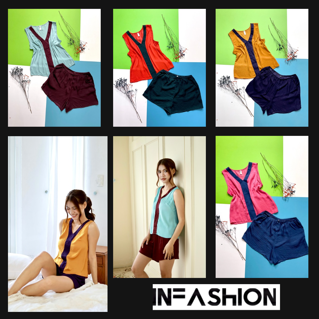Bộ lụa đùi phối nẹp mặc nhà không tay Infashion