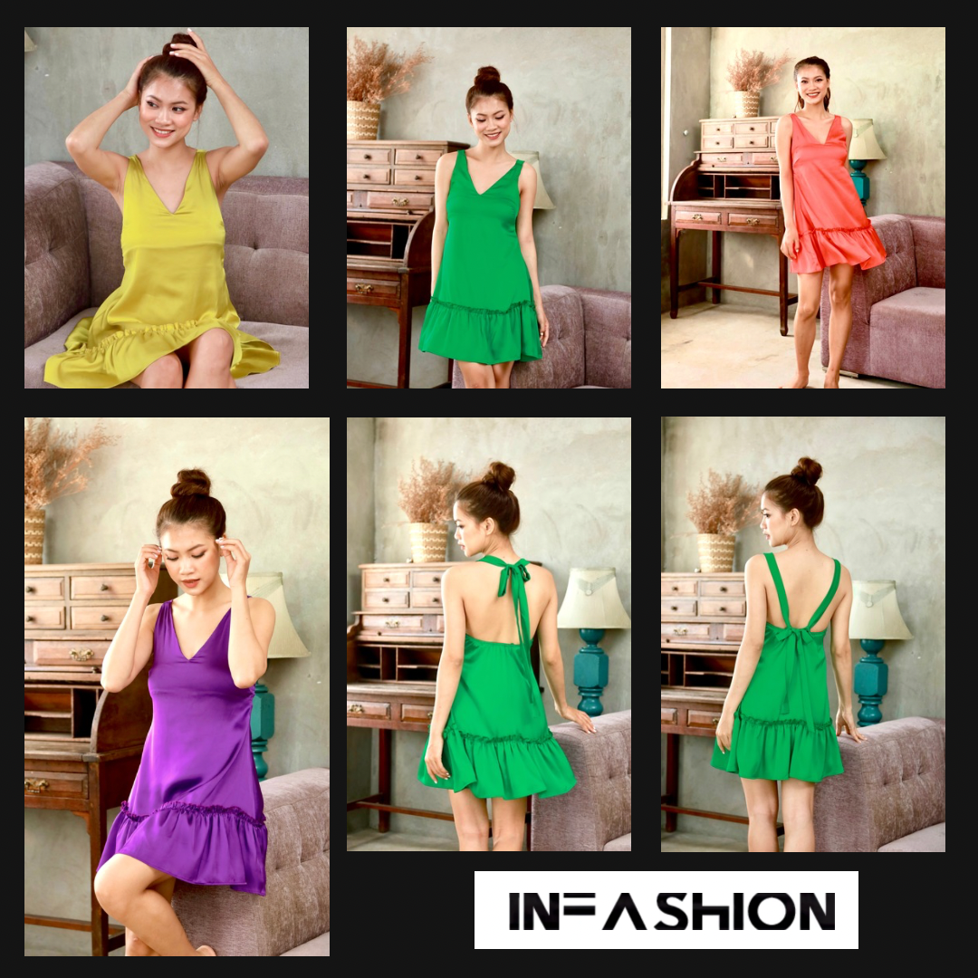 Đầm lụa cổ V đuôi cá mặc nhà màu neon